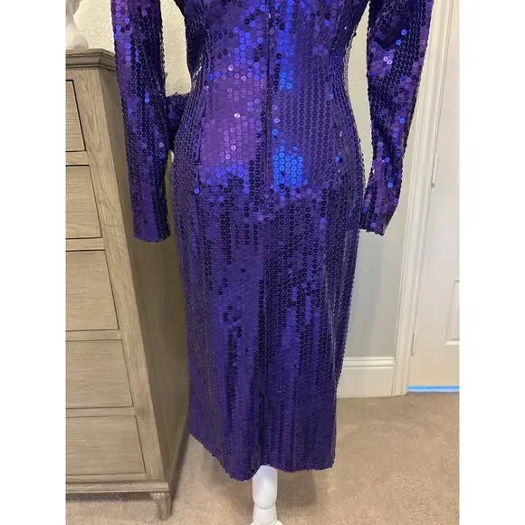 Tadashi | Vintage Purple Sequined Dress with Rhinestone Adorn Flower | 6 - Picture 14 of 15